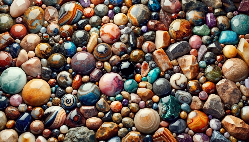 Create a wide-format image (16_9 aspect ratio) displaying a stunning collection of polished rocks. The image should feature an expansive array of polish