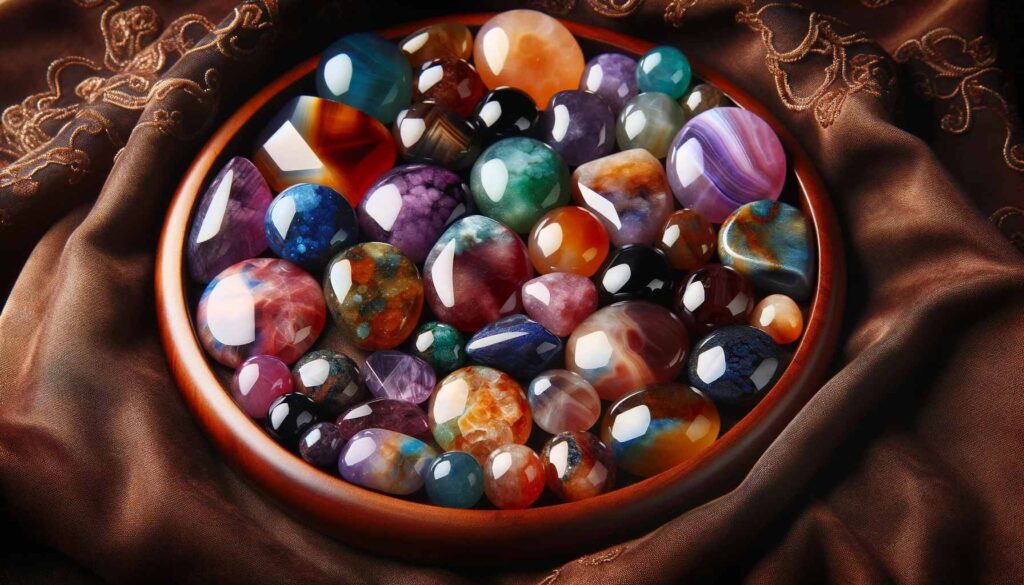 An assortment of polished gemstones, showcasing various colors and shapes, representing the outcome of the rock tumbling process.