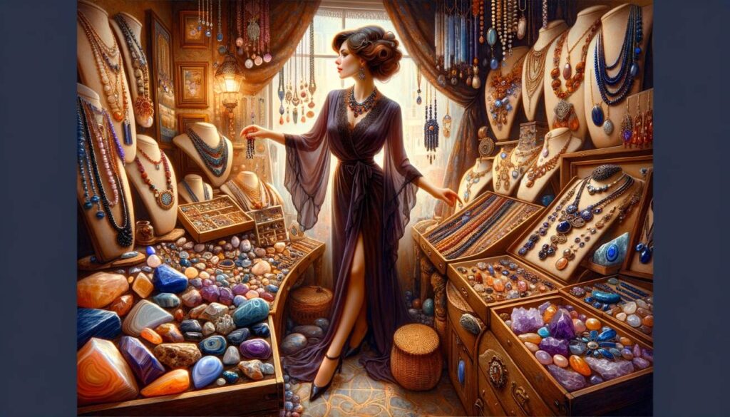 A lively and artistic image of a lady selling jewelry made from polished rocks at a small boutique. The boutique is elegantly decorated with a variety