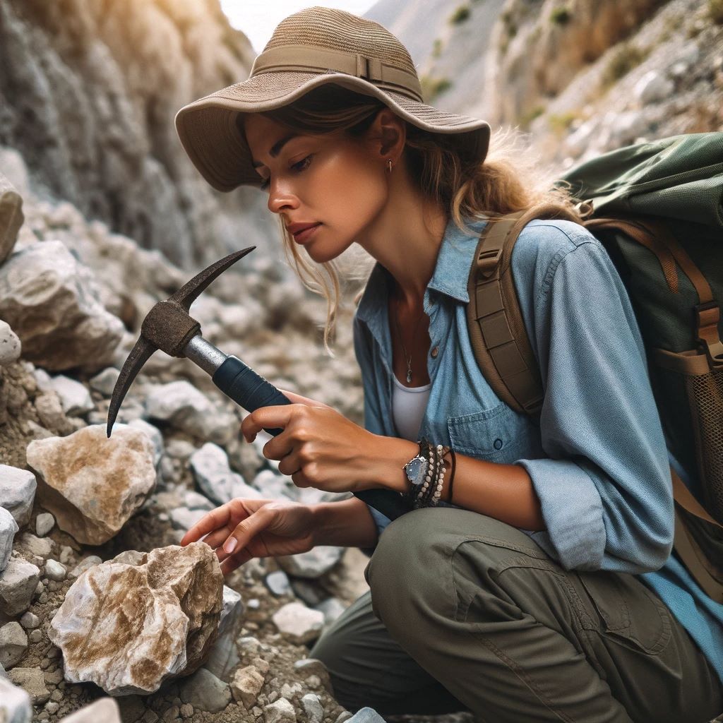  A woman holding a rock pick, attentively searching for rocks in a natural, rocky terrain, embodying the adventurous spirit of rockhounding.