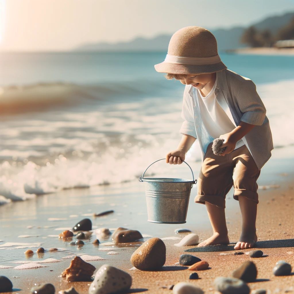 A child on a beach, joyfully looking for rocks along the shoreline. The child is wearing a sun hat and holding a small bucket, with the waves gently