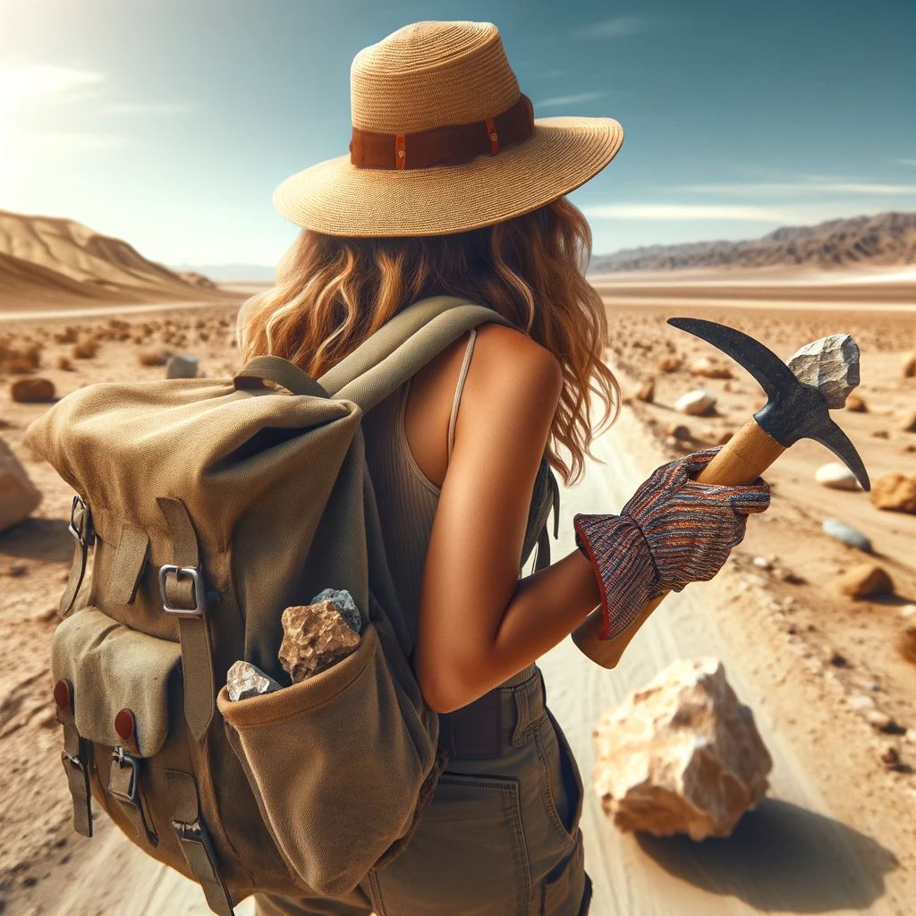 A woman holding a rock pick, walking in a desert landscape in search of rocks. She is equipped with a sun hat, sunglasses, and a backpack