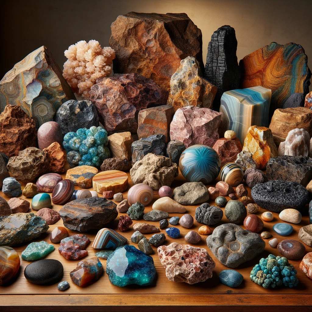How To Start a Rock Collection 2 A diverse and colorful rock collection displayed on a wooden table. The collection includes various types of rocks such as igneous, sedimentary
