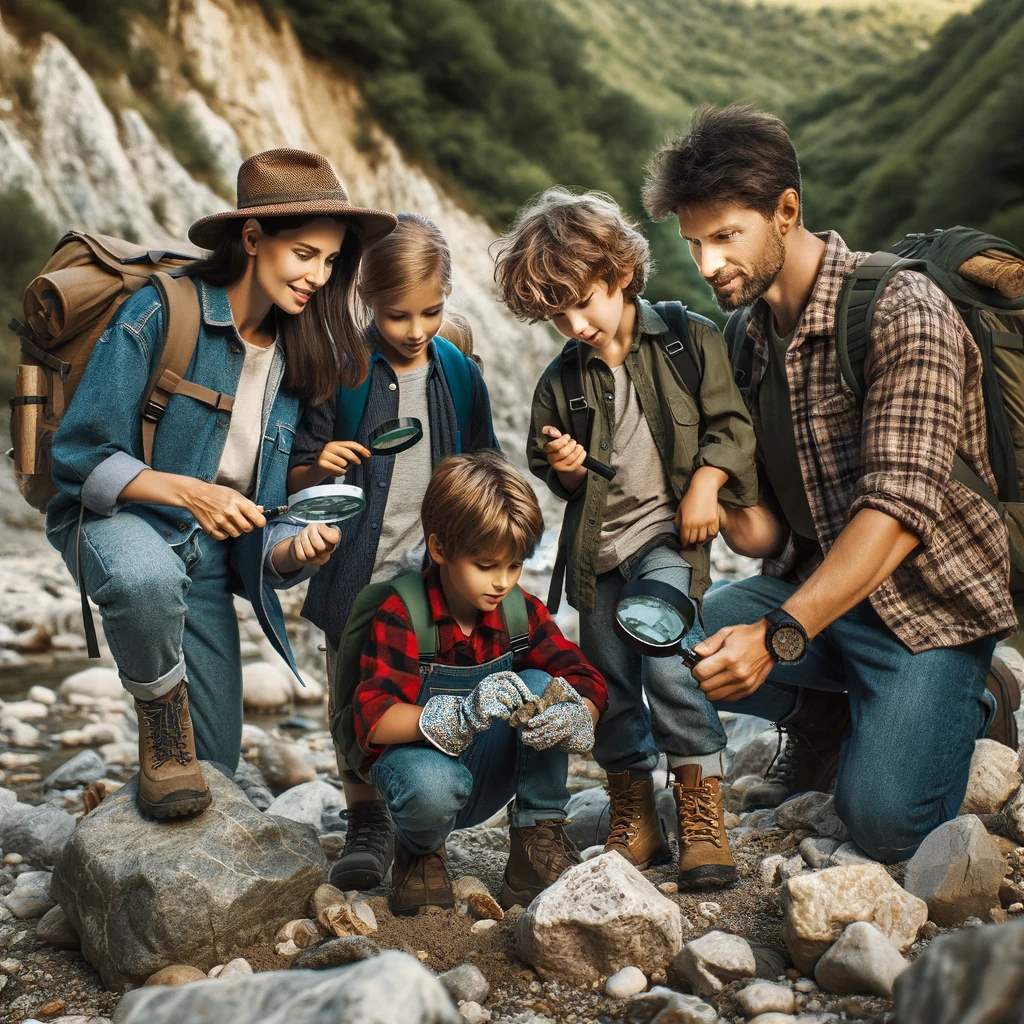 A family of four, consisting of two adults and two children, engaged in rock hunting outdoors. They are in a natural, rocky landscape