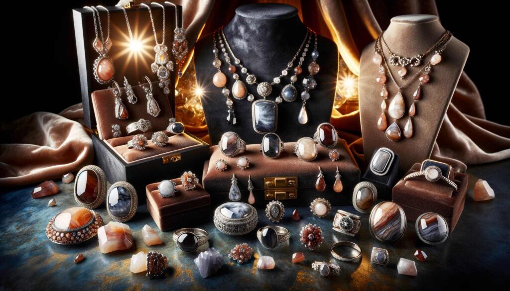  A collection of exquisite jewelry pieces crafted from tumbled rocks, displayed against an elegant backdrop. The assortment includes necklaces, rings