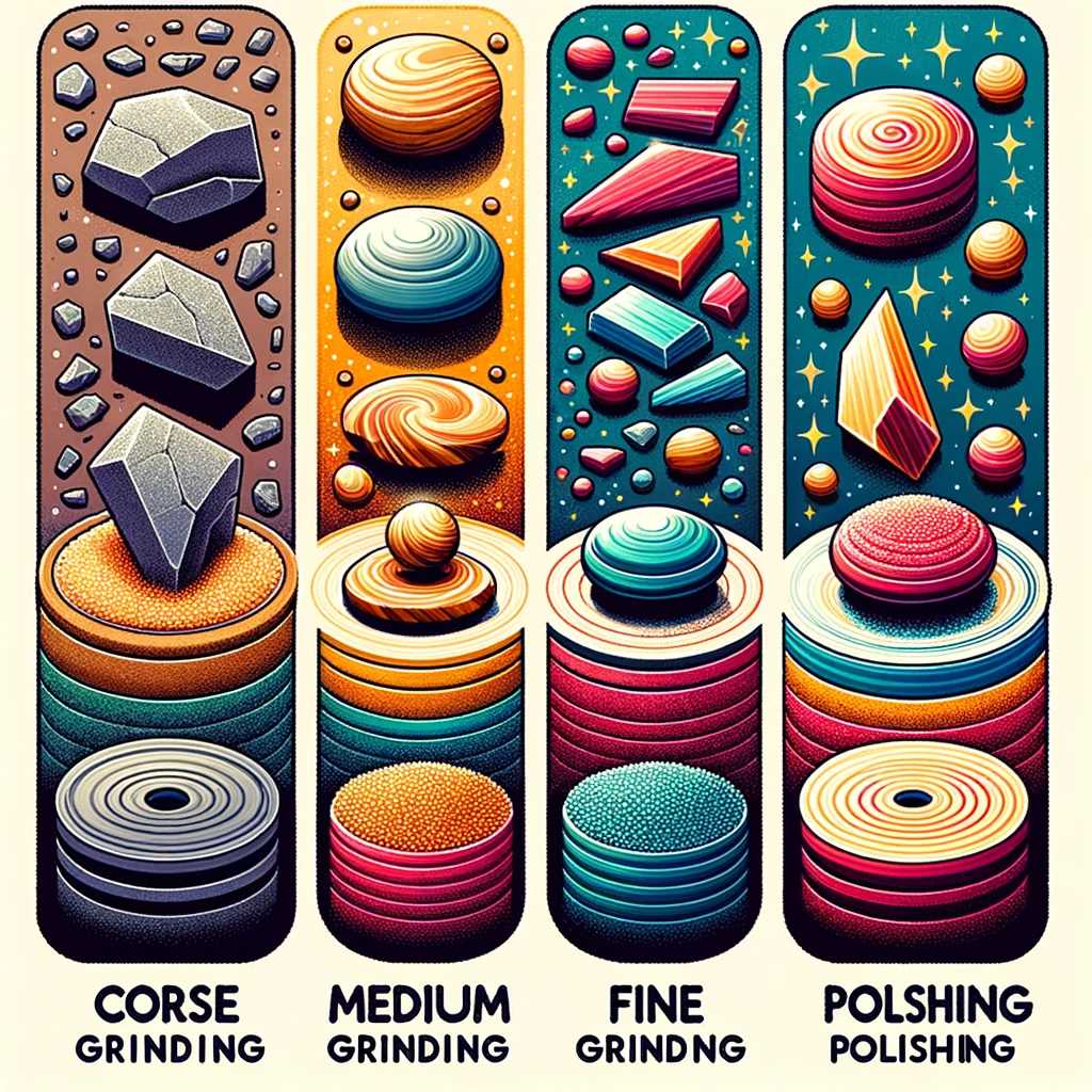 Graphic showing different stages of rock tumbling with four sections_ coarse grinding, medium grinding, fine grinding, and polishing. 