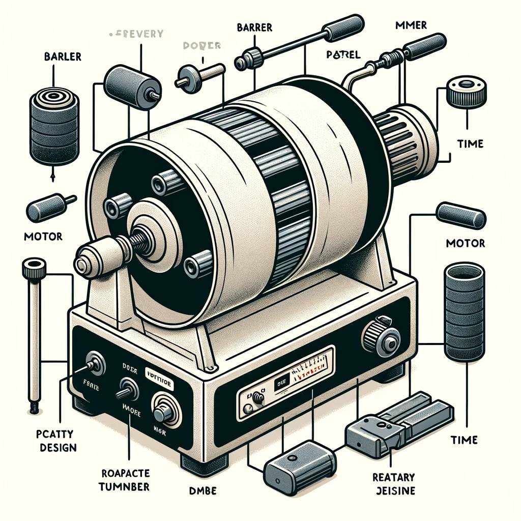 DALL·E 2024 01 30 11.54.18 Illustration of a rotary rock tumbler machine with labeled parts including the barrel motor and timer. The image should depict a simple and compact