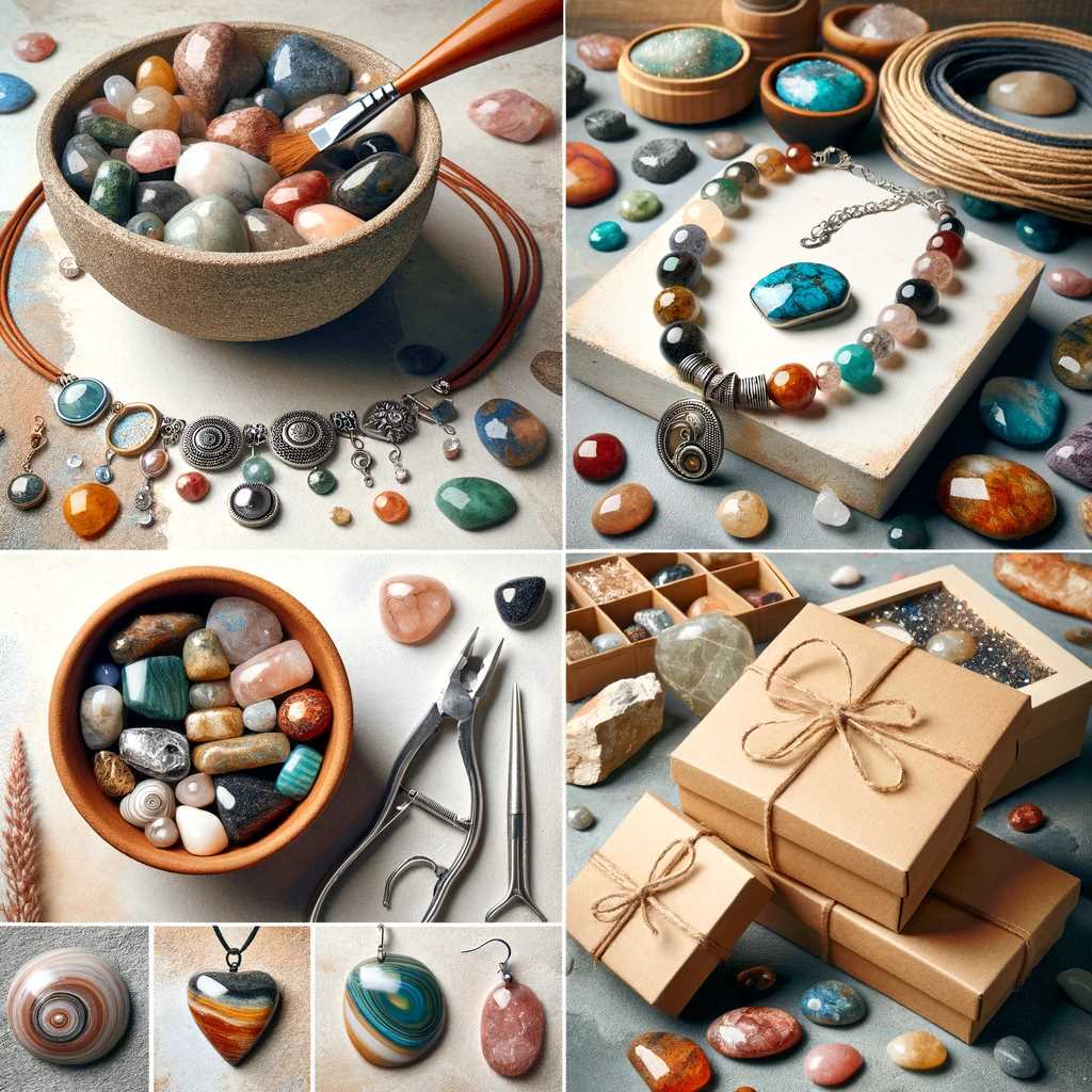 Creative image showcasing various uses of polished rocks. The image includes handmade jewelry like necklaces and bracelets made from tumbled stones