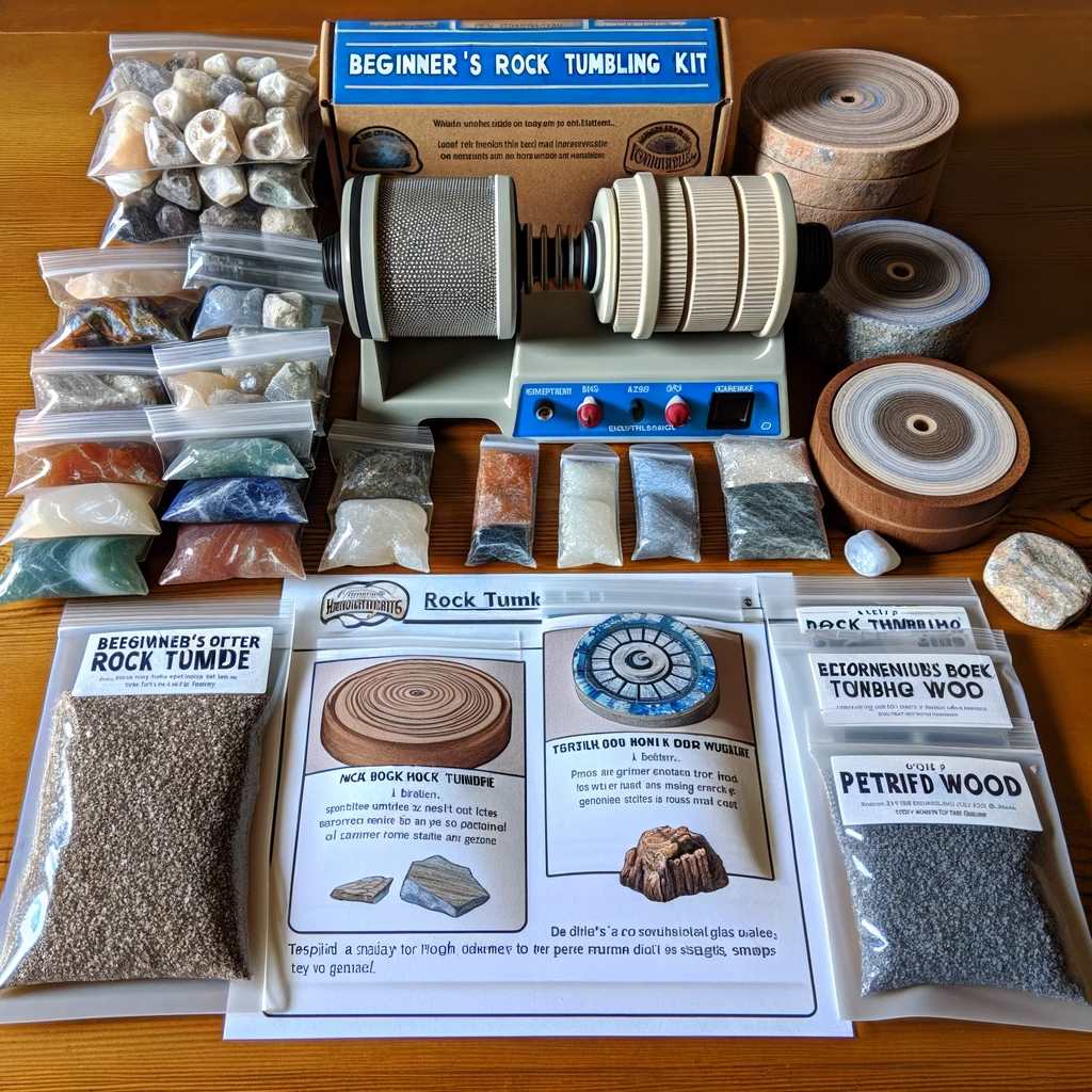  Image of a beginner's rock tumbling kit, including a small rotary rock tumbler, various rough rocks like quartz, agates, and petrified wood, packets