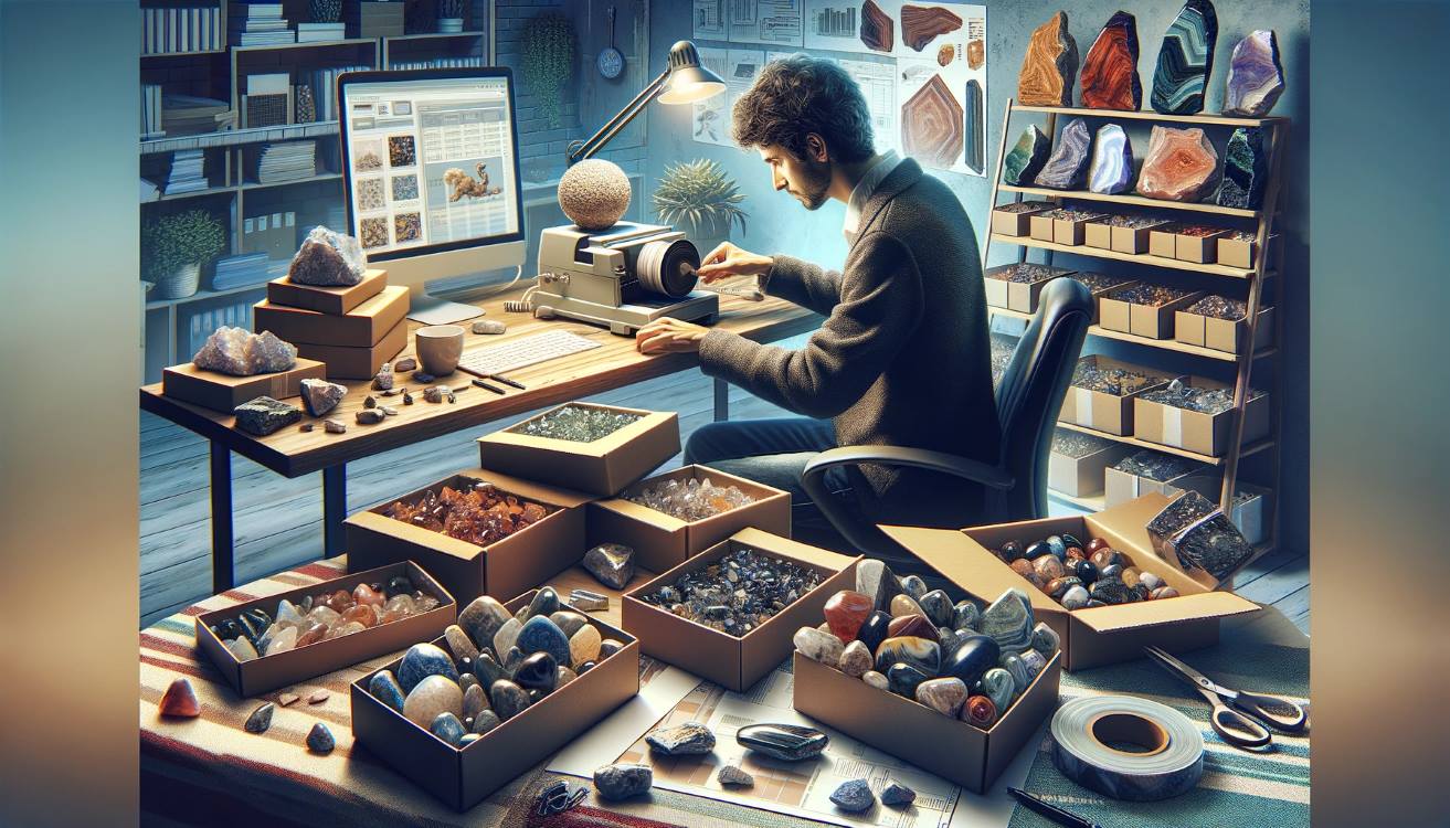 A dynamic and detailed image of a person running a mail order business selling polished rocks from a tumbler. The scene shows a home office setup