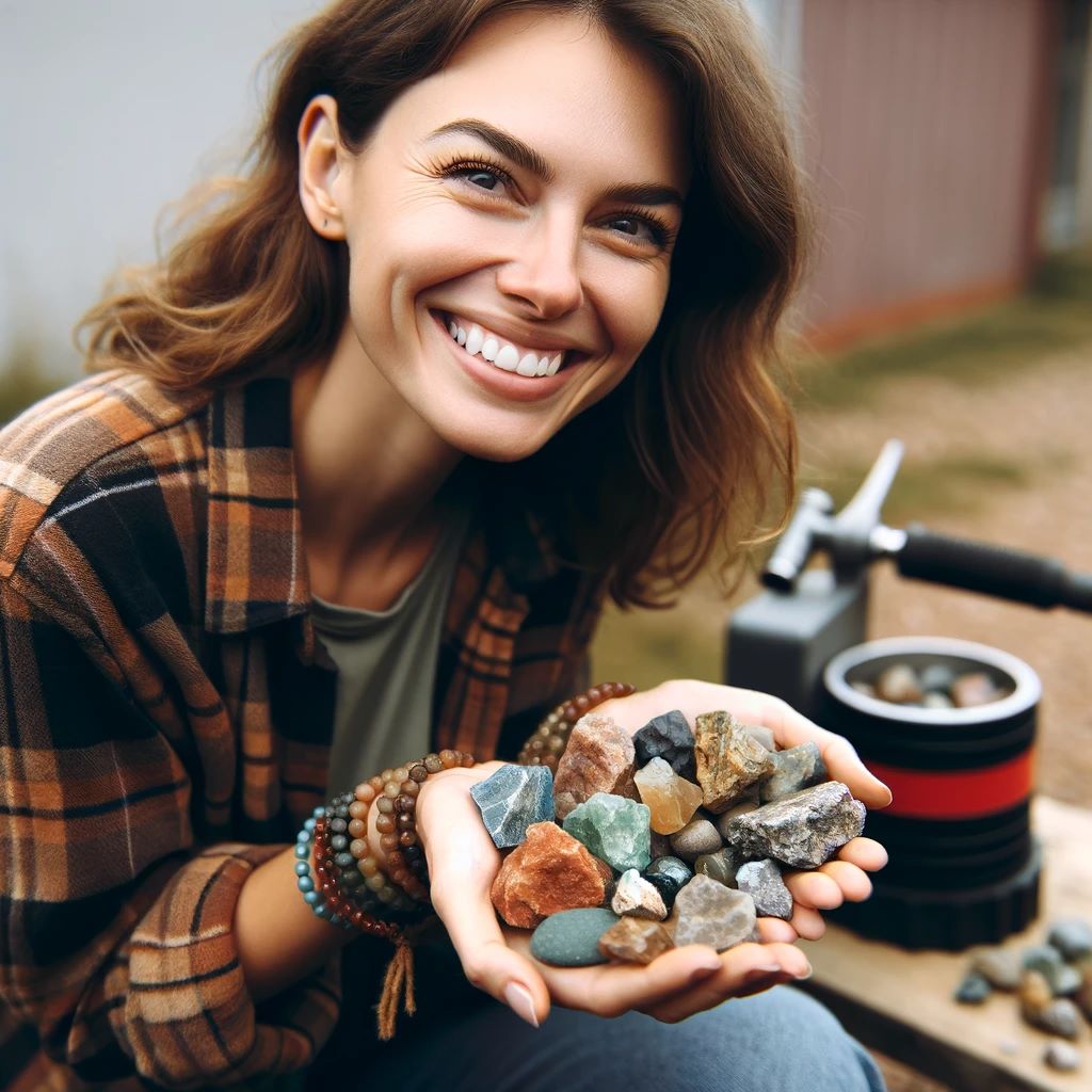 A woman holding a collection of rocks she has found, intended for a rock tumbler. She is smiling proudly, showcasing a variety of rough stones