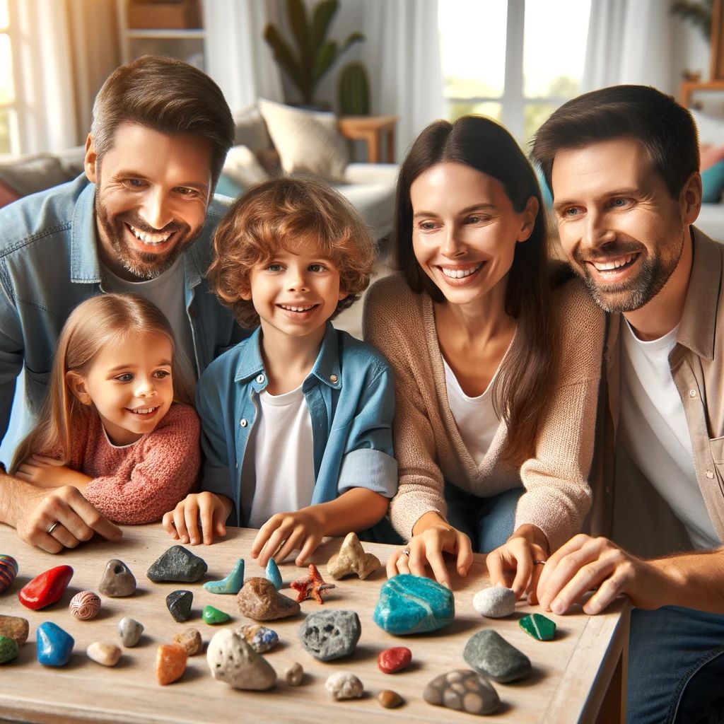 A happy family of four, consisting of two adults and two children, gathered around a table in their living room. They are smiling and looking at rocks