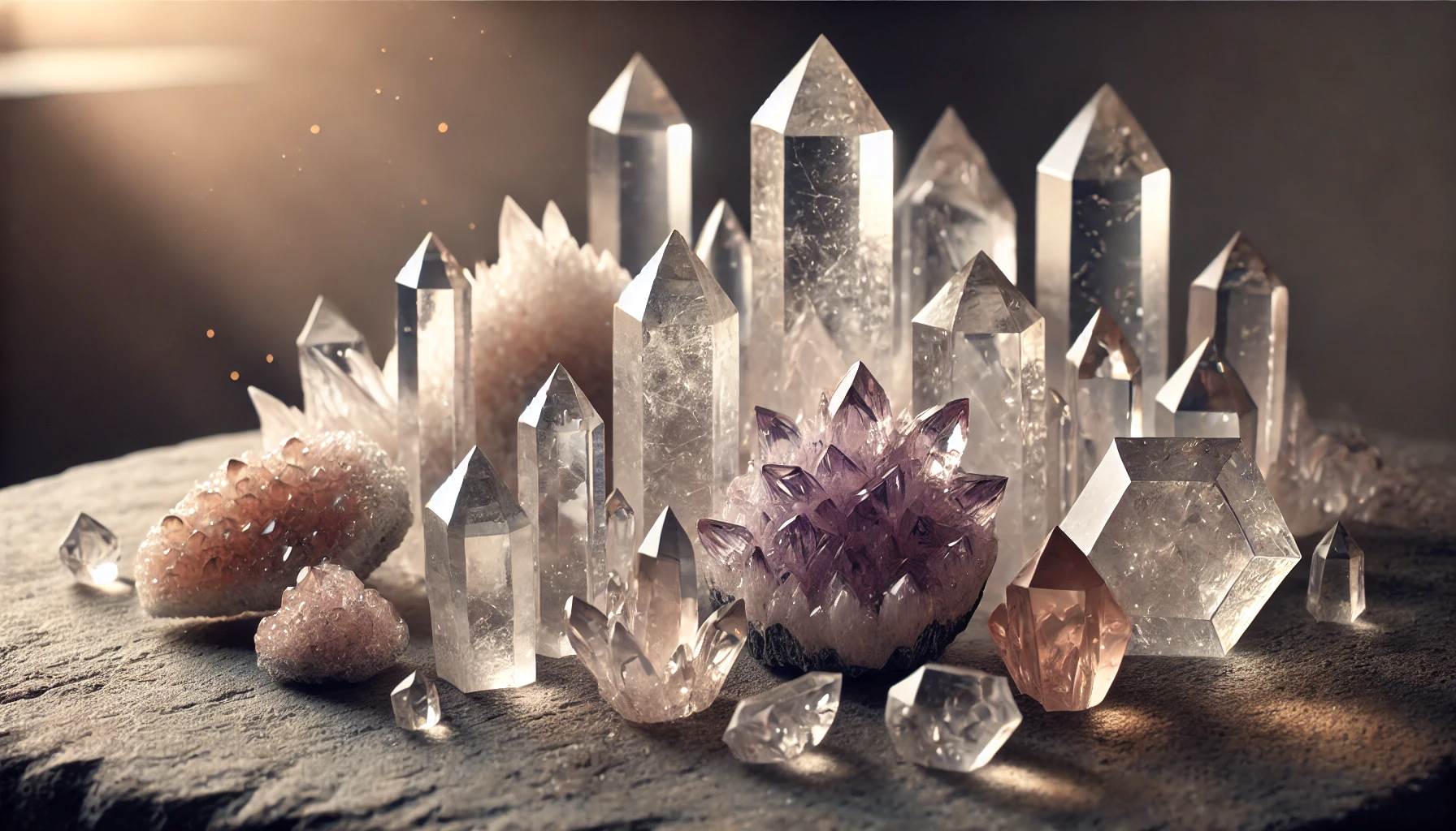 A collection of quartz crystals in various sizes and shapes, displayed on a natural stone surface. The crystals are clear with sharp edges