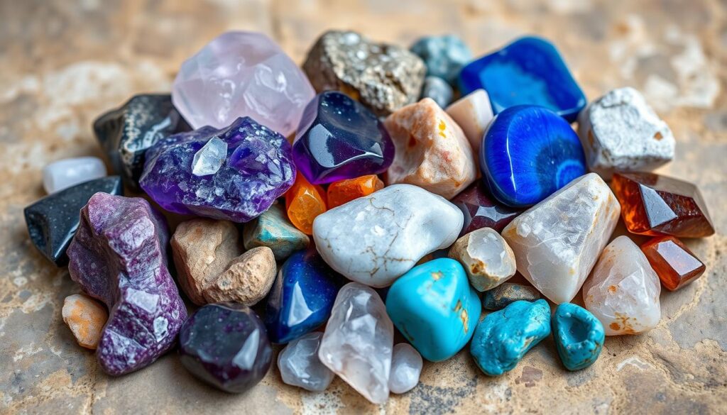 Various types of rough gemstones