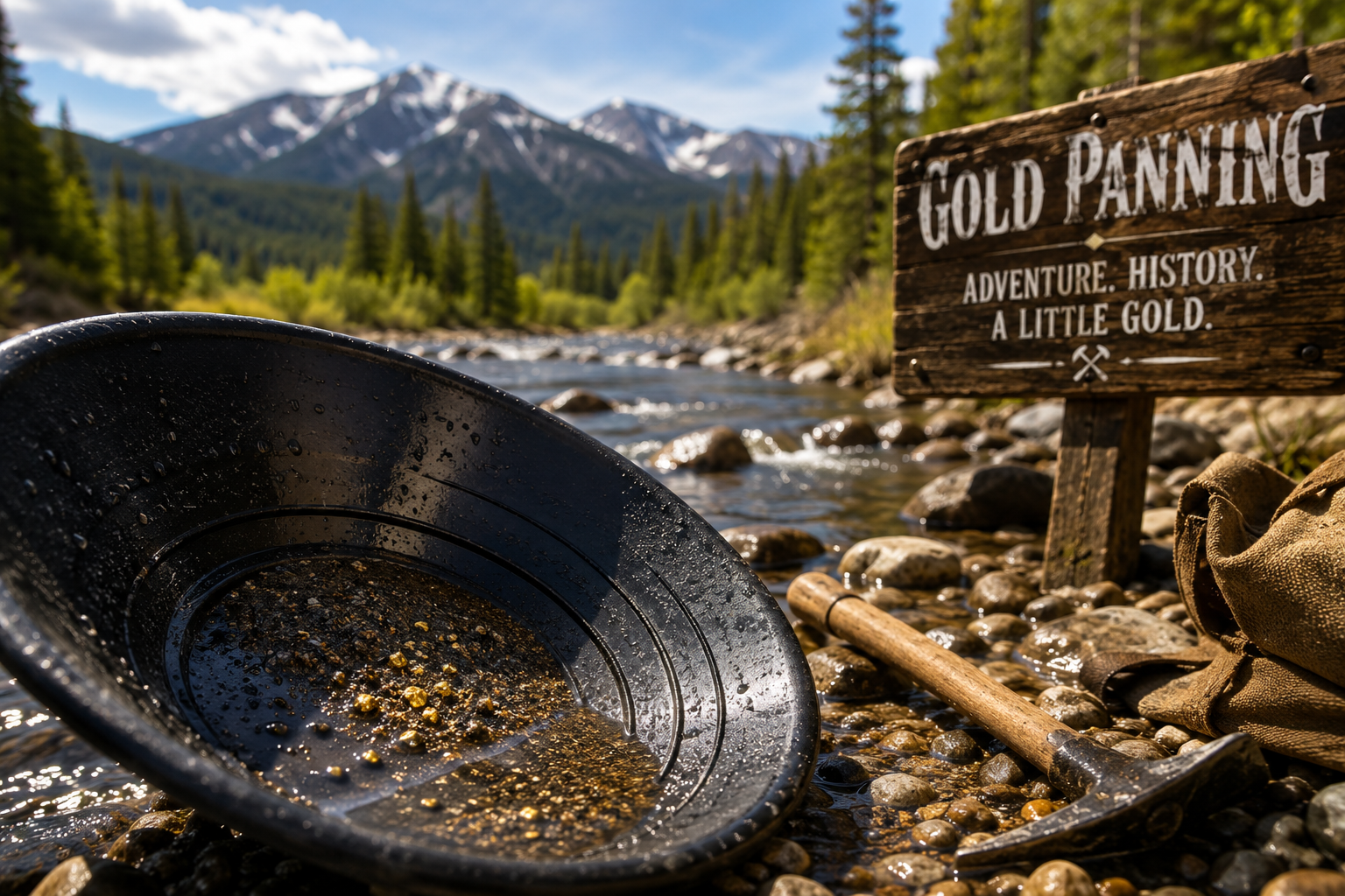 Gold panning by a riverbank.